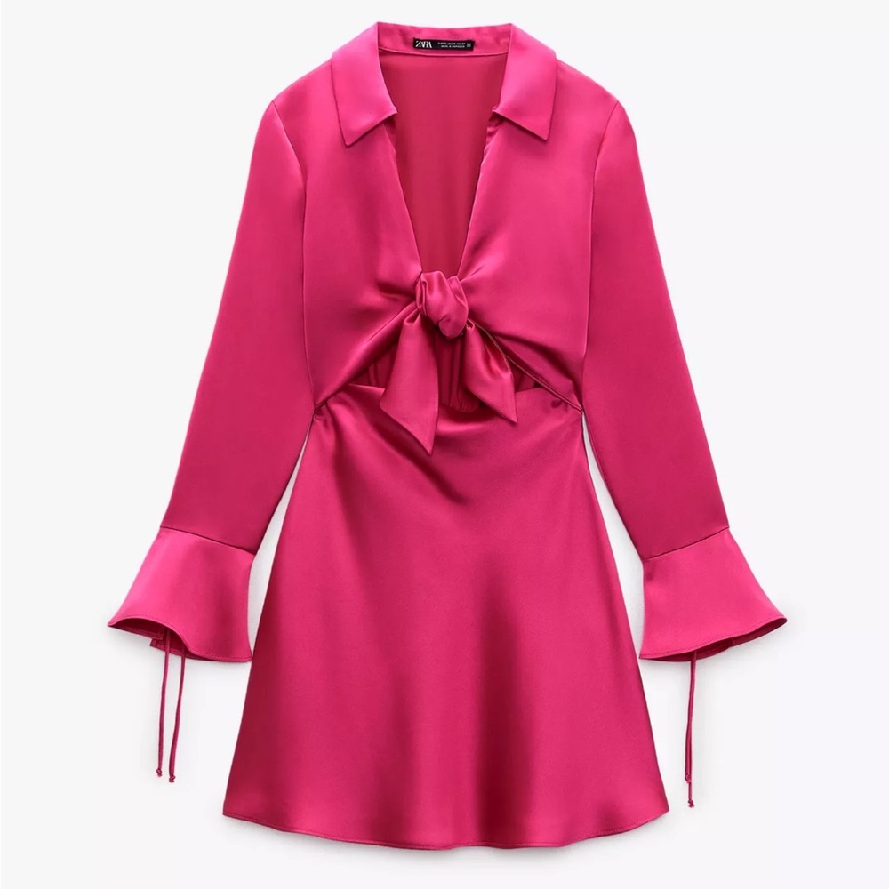 Zara Fuchsia Satin Long Sleeve Dress